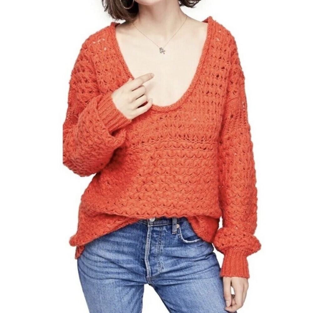 Free People Orange Wool Blend Knit Pullover Sweater Scoop Neck Womens Small